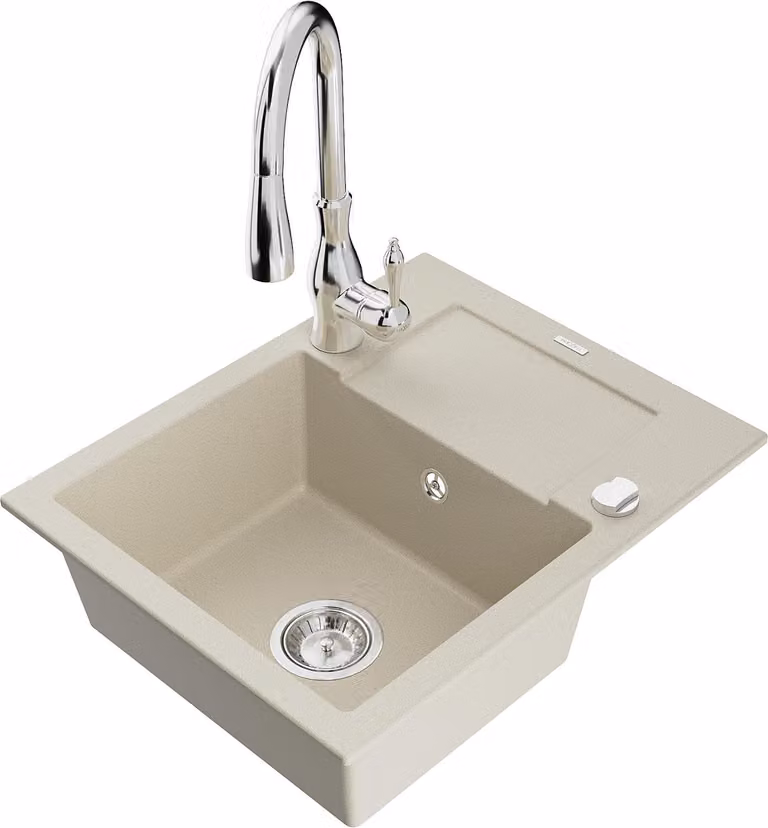 Mexen Enzo lavello in granito a 1 vasca con scolapiatti e rubinetto da cucina Savita, beige - 6506-69-672601-00