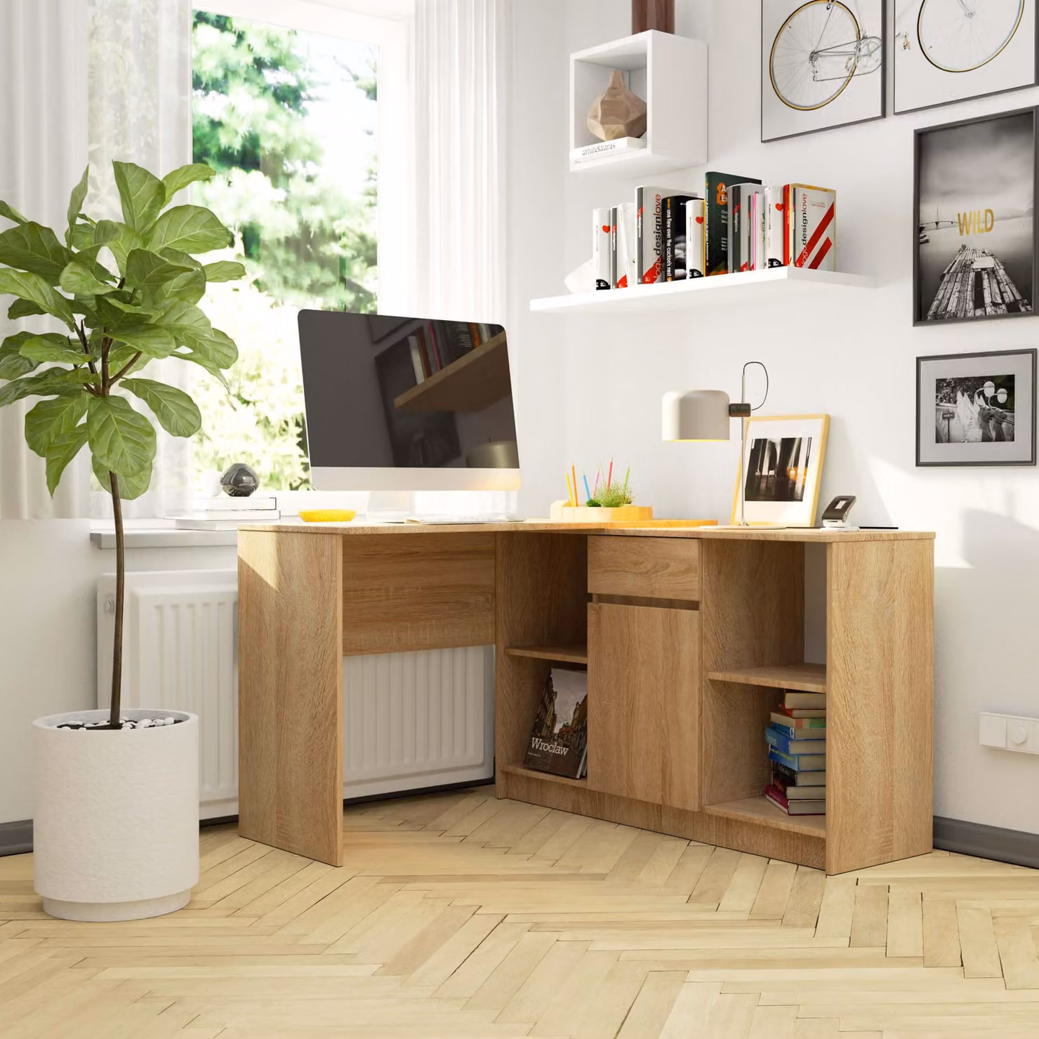 Set scrivania angolare da 120 cm con cassettiera (1 cassetto, 1 anta, 6 scomparti) - scrivania da lavoro