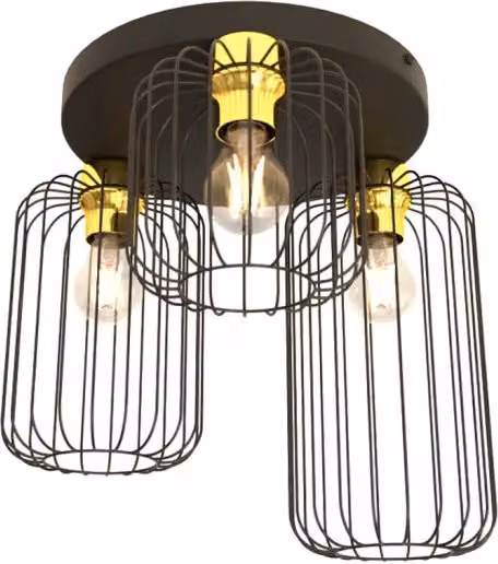 Plafoniera Minimal Industrial Njoror Luceart-Classic con 3 Luci, Design Tondo in Metallo, Colore Nero e Oro