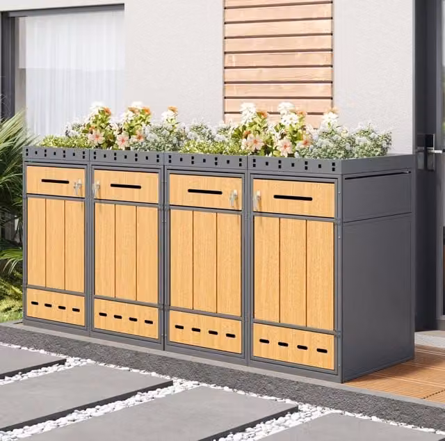 Mülltonnenbox a 4 scomparti con tetto fioriera; acciaio grigio effetto legno