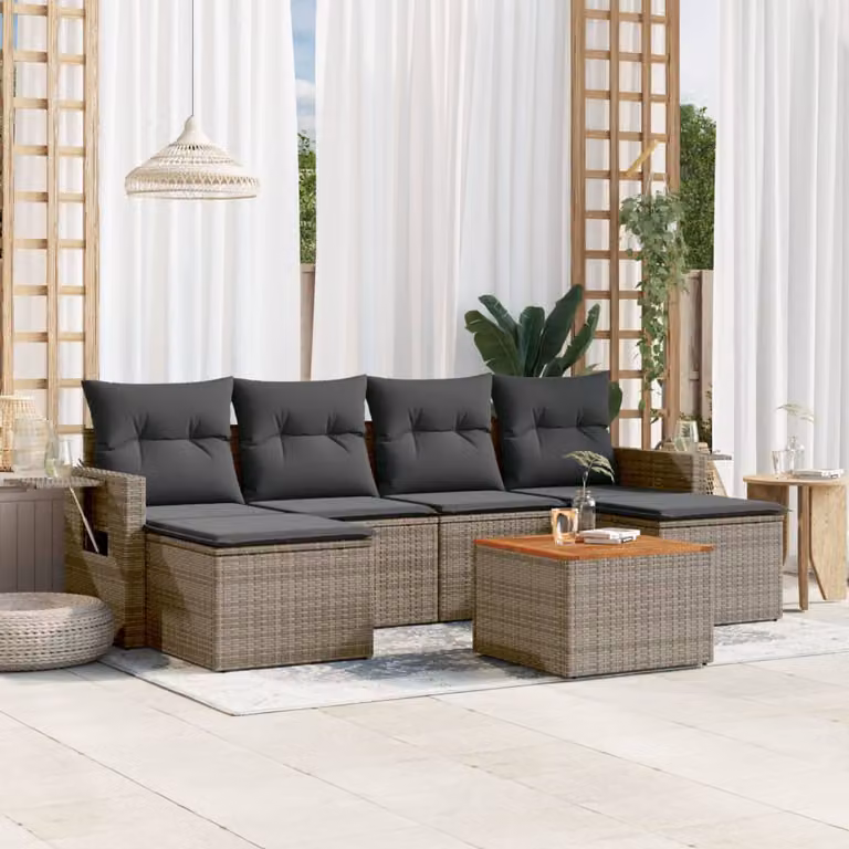 vidaXL Set Divani da Giardino 7 pz in Polyrattan Grigio con Cuscini e Tavolino