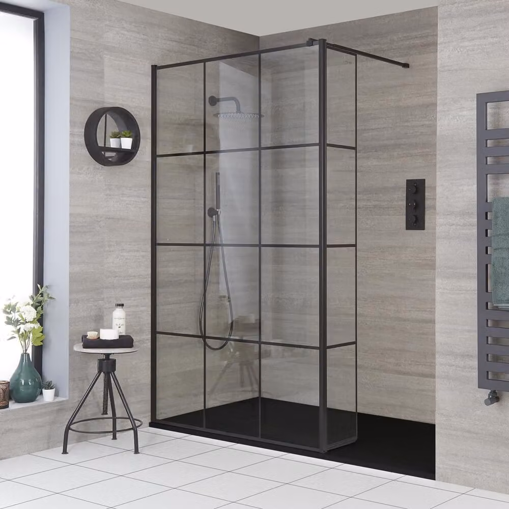 Box Doccia Walk-In a Nicchia con Piatto Doccia Effetto Ardesia Grafite 1100 x 700mm - Barq