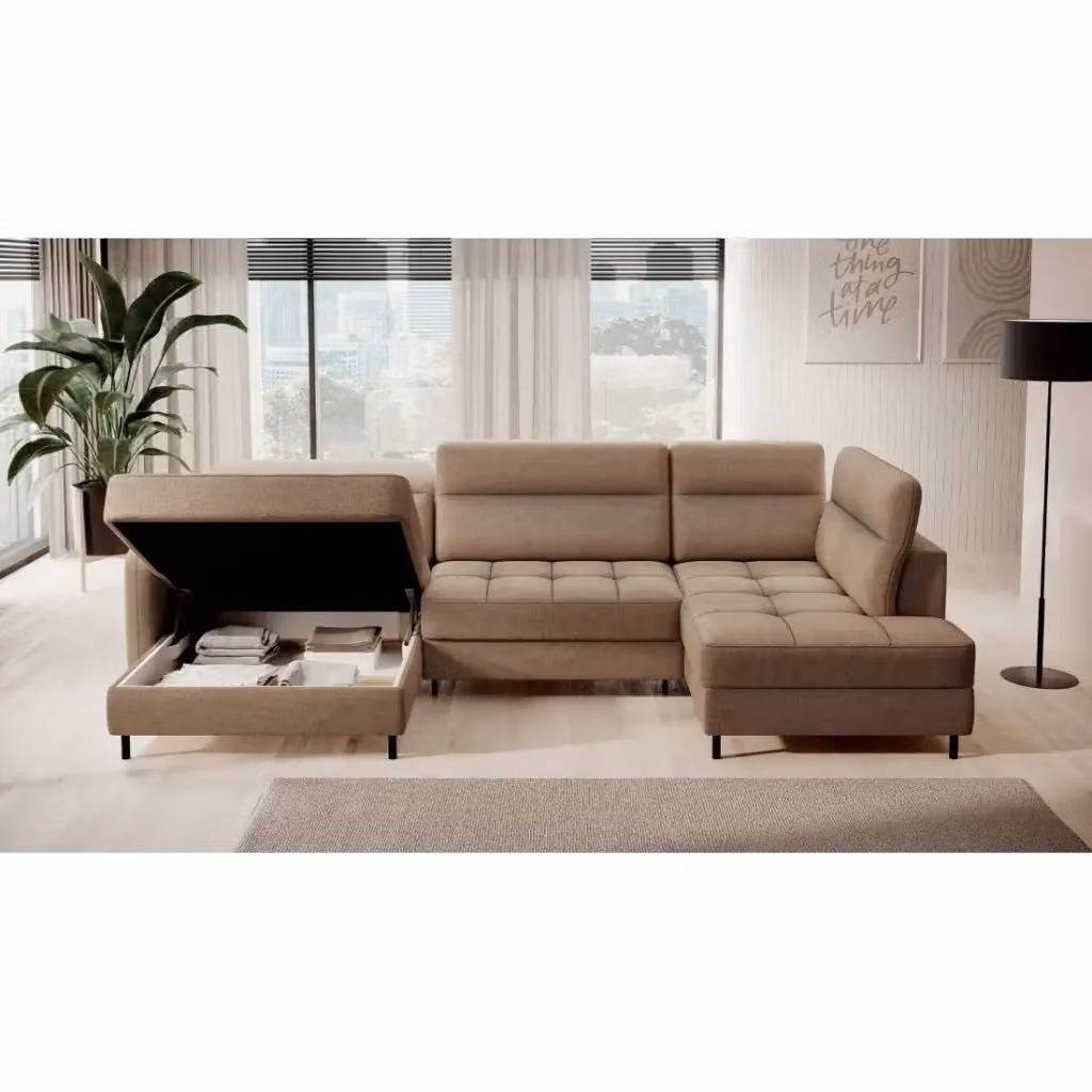 Divano angolare trasformabile BERTHO MEUBLORAMA marrone chiaro e beige con angolo sinistro e contenitore L/P/H: 306 x 166 x 100 cm – 2