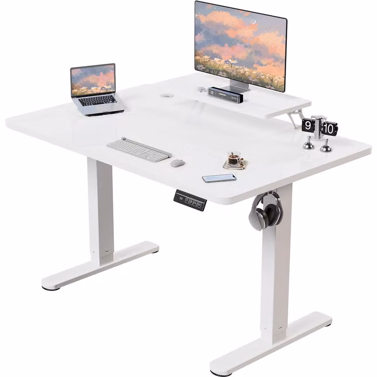 Scrivania regolabile elettricamente - 140 x 60 cm - Pannello di legno (compensato) - Bianco - Arredamento per ufficio - Scrivania regolabile in altezza (seduta/lavoro in piedi)