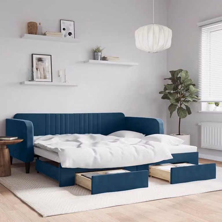 vidaXL Divano Letto Estraibile con Cassetti in Velluto Blu L: 200 cm, P: 100 cm, H: 75 cm