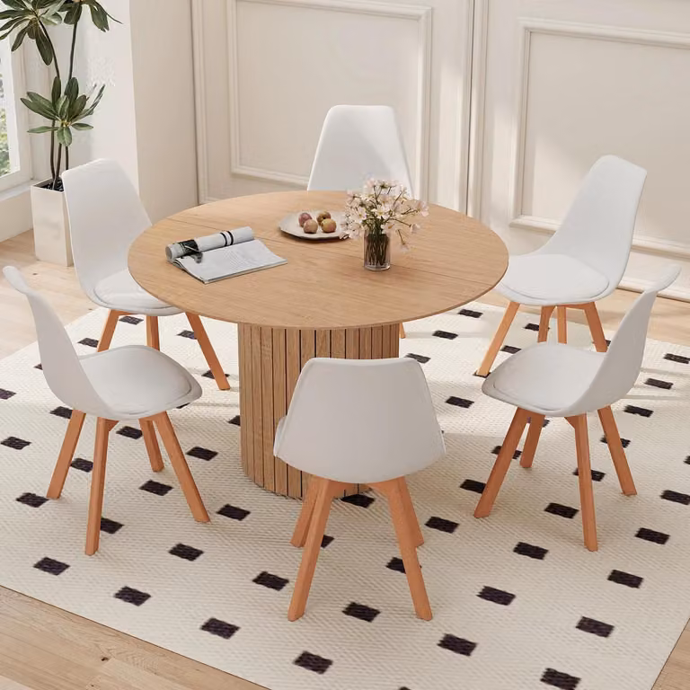 Essgruppe - Tavolo rotondo da pranzo con 6 sedie - 120 cm - 7 pezzi - Legno di faggio massello - Stile moderno - Marrone chiaro/bianco