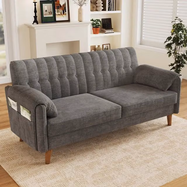 Divano 2 posti in tessuto chenille ¨C Minimal ¨C grigio chiaro, gambe in legno massello, imbottito, con braccioli