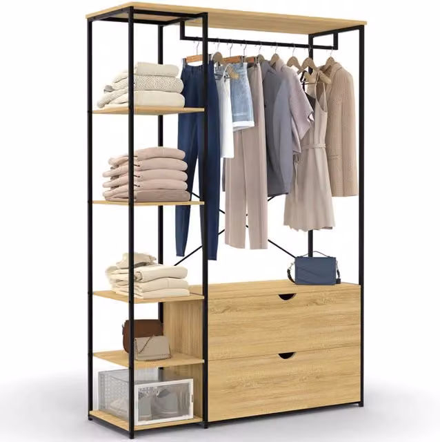 IDMarket Armadio DETROIT Design Industriale con Ripiani e 2 Cassetti, Colore Nero e Marrone, L: 113 cm, H: 167 cm, P: 40 cm