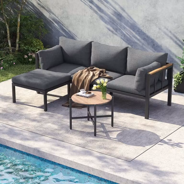 Set di mobili da giardino AIORBER, set ad angolo con divano, tavolino e poggiapiedi, in acciaio tubolare zincato, per giardini, combinabile in modo flessibile, 182,5x121x62,5 cm, grigio