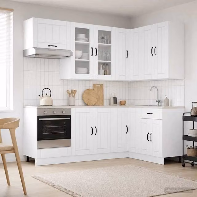 Unità Cucina Moderna vidaXL Bianco Lucido in MDF con Ante in Vetro e Moduli Angolari 8 Pezzi