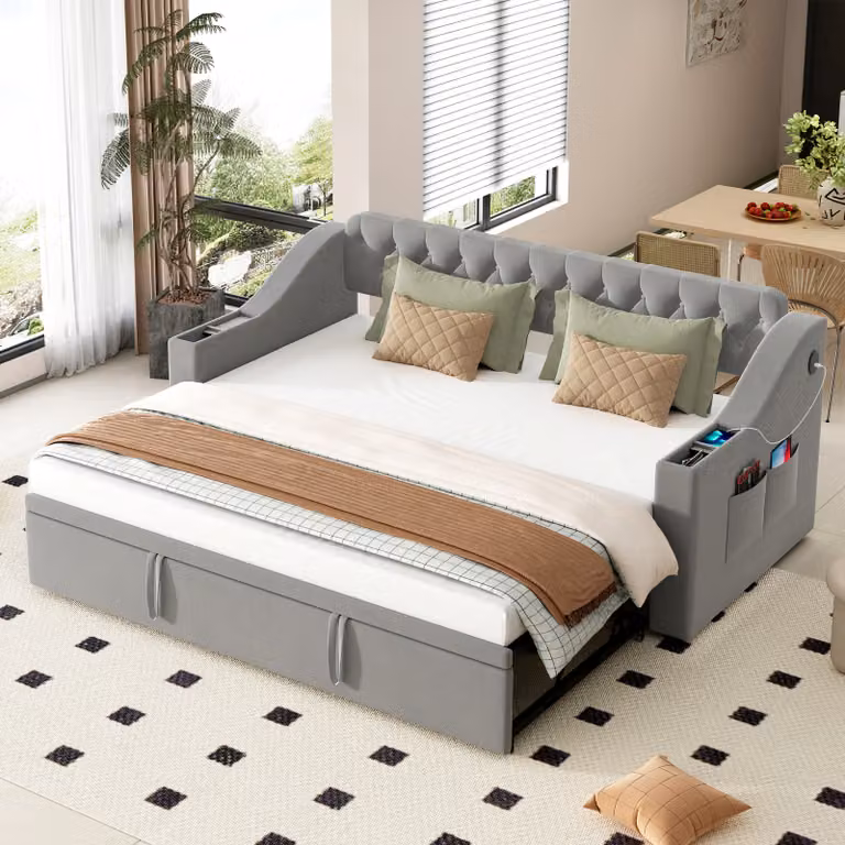 okwish Letto imbottito, Letto per bambini, Divano letto 90x190 cm, con presa di ricarica USB, contenitore integrato nello schienale, con griglia, tessuto in velluto, Grigio, senza materasso