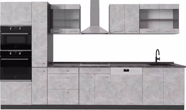 Cucina completa moderna R-Line Vicco colore Calcestruzzo e Antracite L: 350 cm