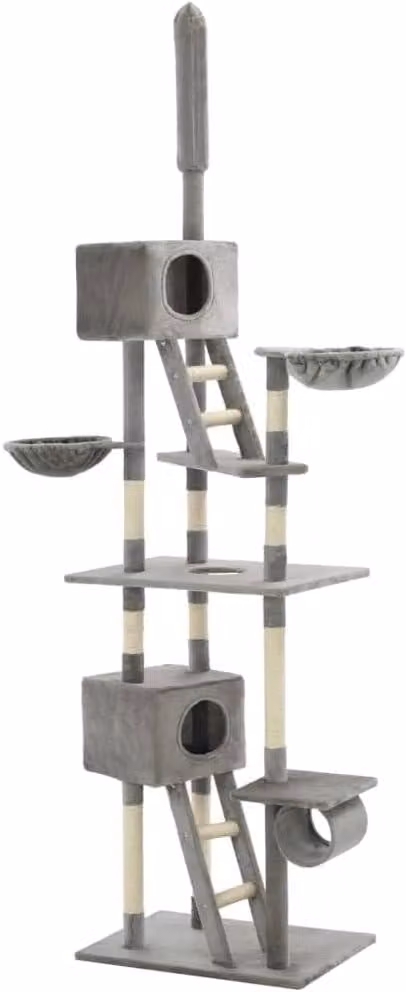 Albero per gatti, altezza fino al soffitto, 230-260 cm - Grande albero per arrampicata con pali in sisal, 2 casette, ceste e tunnel, albero per gatti stabile, colore grigio