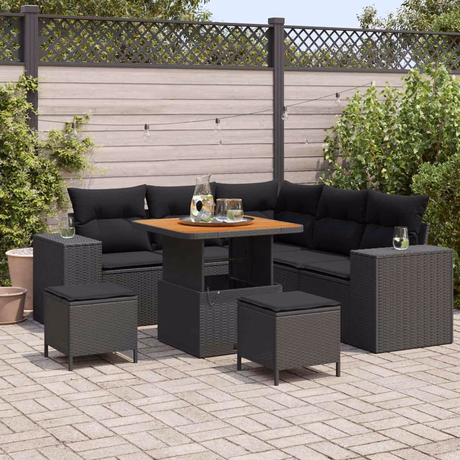 Set Divano da Giardino vidaXL 8 Pezzi L-Shape Nero con Cuscini e Tavolino da Caffè in Polyrattan e Acciaio – 1