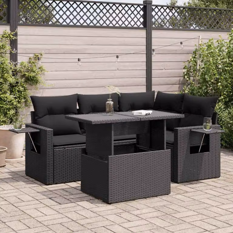 Set Divani da Giardino vidaXL 5 Pezzi a Forma di L con Cuscini e Tavolino, Polyrattan Nero e Struttura in Acciaio Verniciato a Polvere