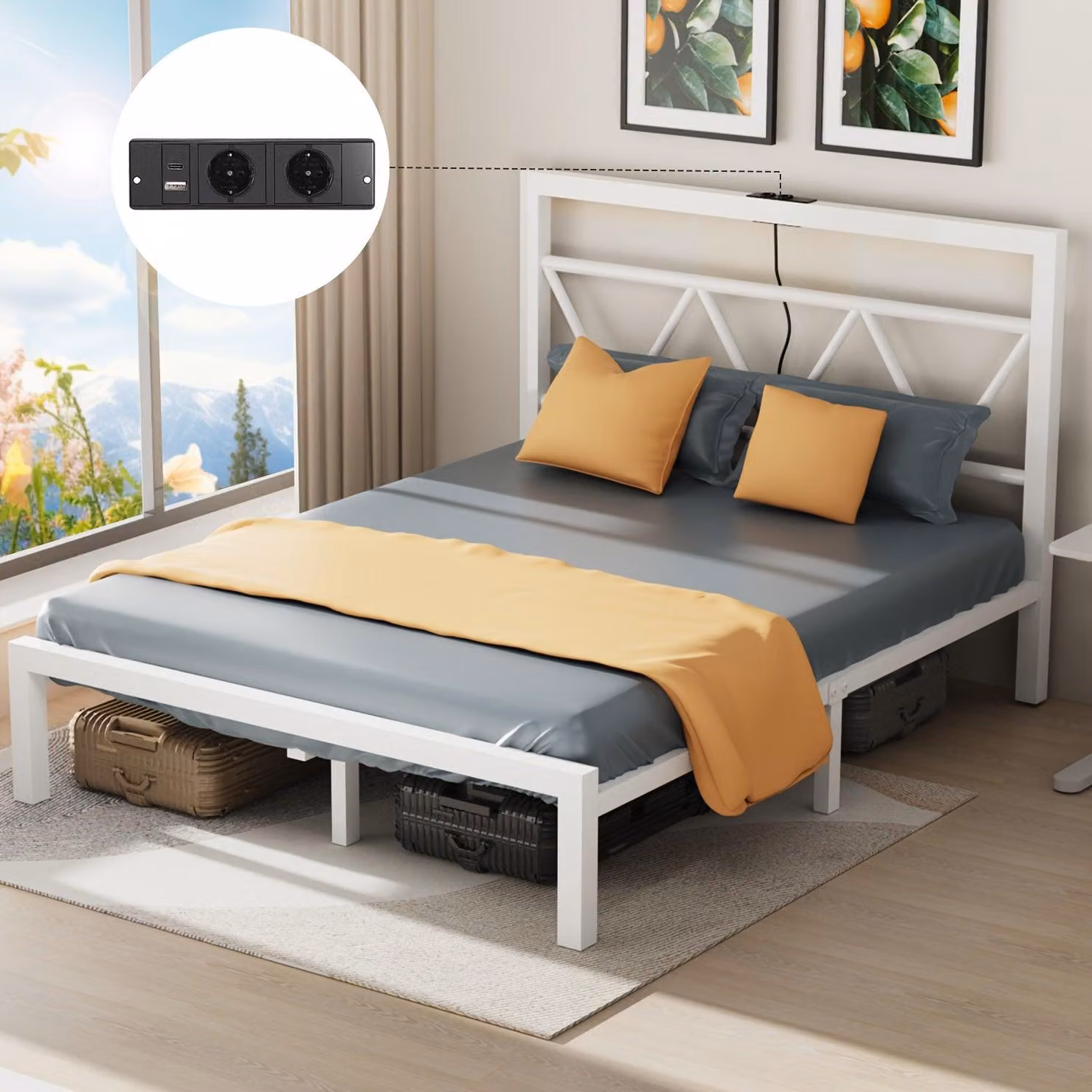 Letto singolo 140x200 cm con struttura e base di ricarica - Letto a piattaforma in metallo con poggiatesta