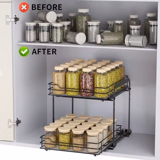 Ripiano regolabile per briciole, cestelli per erbe aromatiche, sistema a 2 livelli per cestelli per erbe aromatiche, organizer per cestelli per erbe aromatiche regolabile in altezza per armadio, ripiano da cucina per interni, robusto cestello metallico pe
