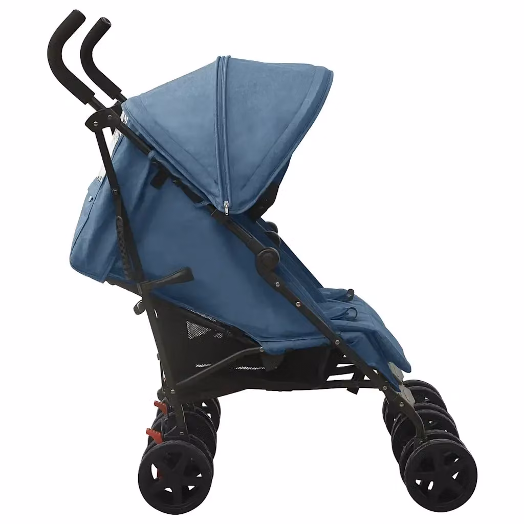 Passeggino gemellare pieghevole vidaXL blu con struttura in acciaio e tessuto – 2