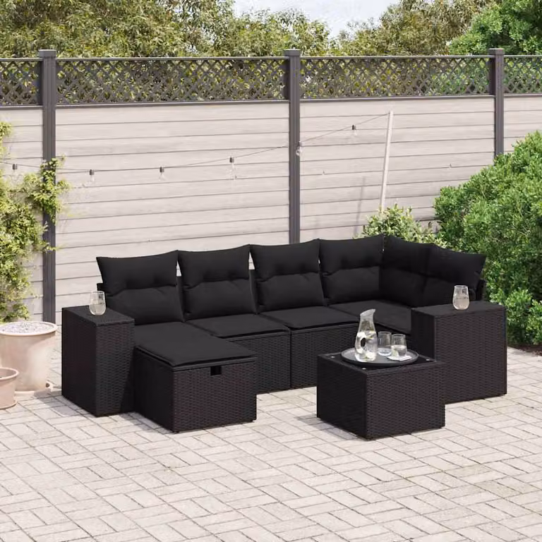 Set Divani da Giardino vidaXL a Forma di L con 7 Pezzi, Colore Nero, con Cuscini e Tavolino