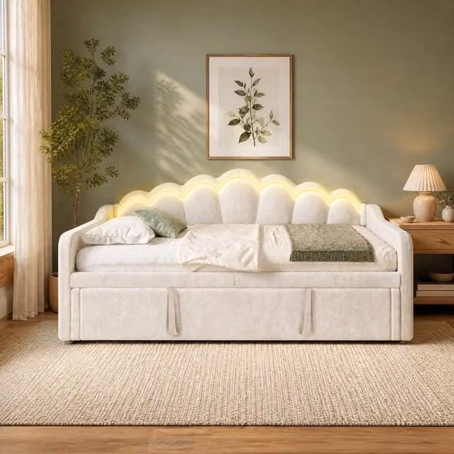 Letto da giorno moderno in velluto beige con letto estraibile e illuminazione LED sotto il letto, L/P/H: 211 x 120 x 82 cm