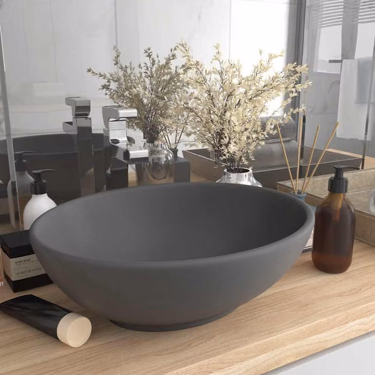 Lavandino da appoggio ovale vidaXL in ceramica grigio, L 40 cm x P 33 cm x H 13,5 cm