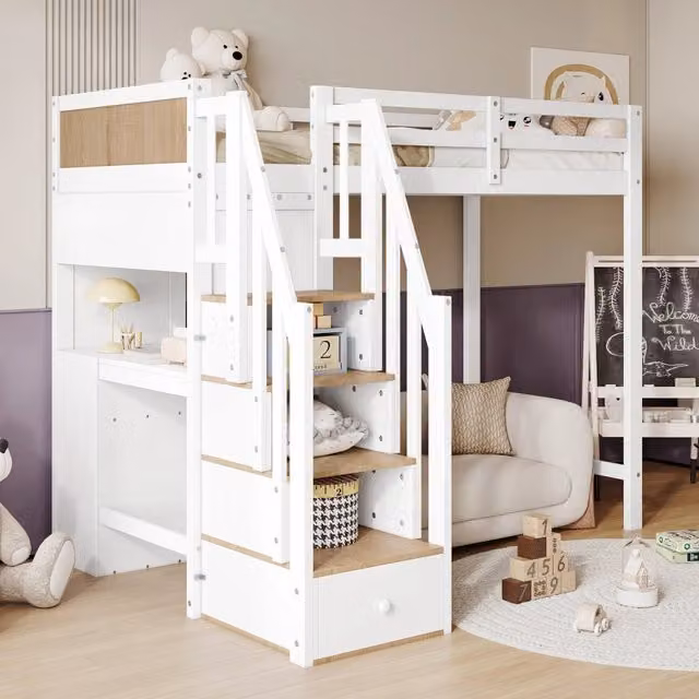 Letto a castello 205x153.5x166 cm con scrivania; 3 cassetti e scala contenitore in legno bianco naturale