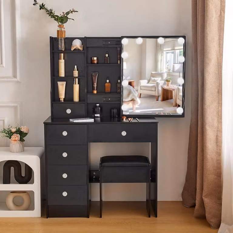 Comò da trucco con illuminazione e sgabello, tavolino da trucco con specchio, tavolino per cosmetici con luci LED, 3 temperature di colore, luminosità regolabile, dimensioni 36 x 80 x 131 cm, colore nero, modello S33301217