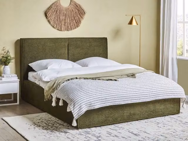 Letto King Size Beliani con Contenitore e Rivestimento in Bouclé Verde, L/P: 160 x 200 cm