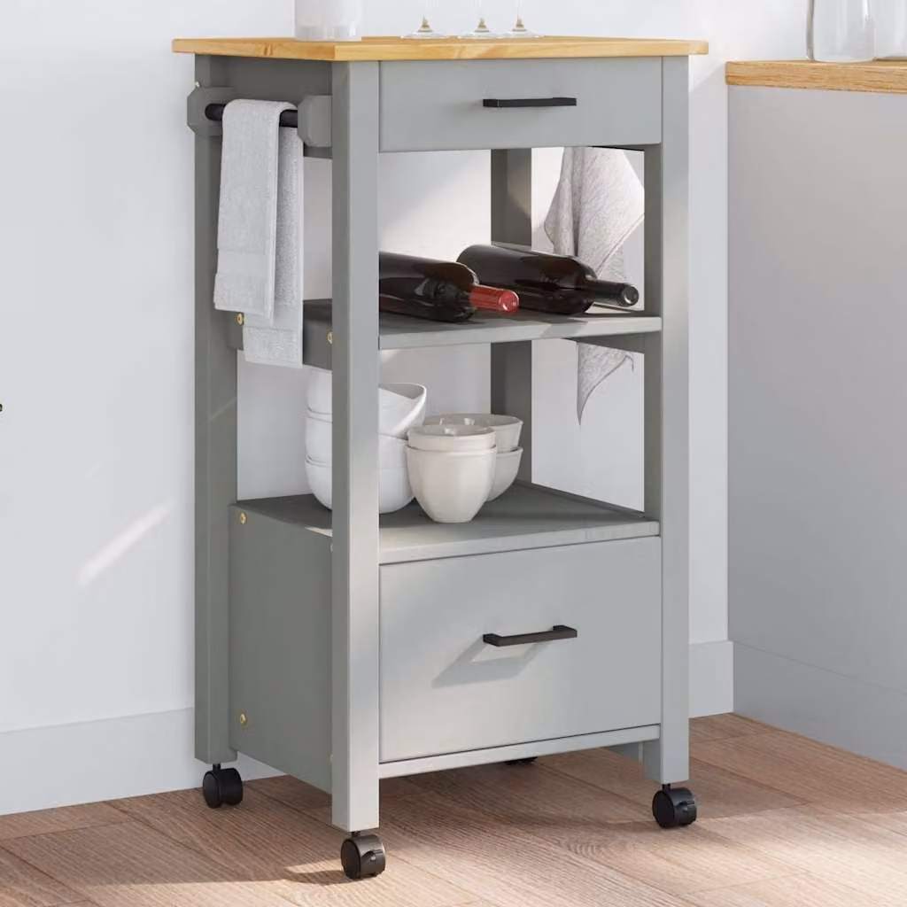 vidaXL Carrello da Cucina MONZA in Legno di Pino e Metallo, Grigio, L/P/H: 48 x 40 x 88,5 cm