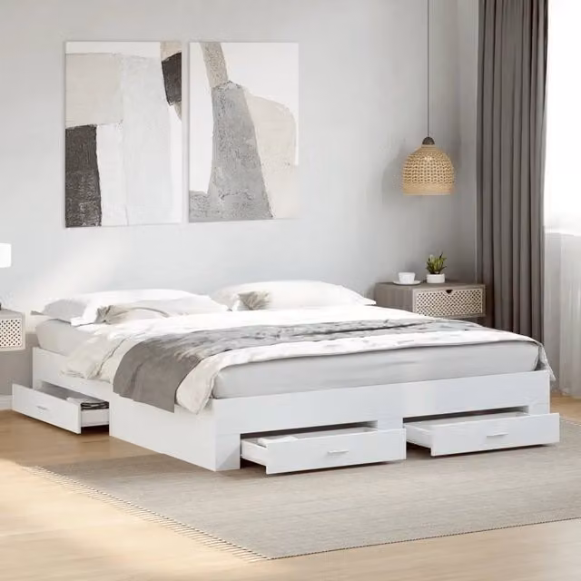 Giroletto con Cassetti-Struttura Letto con contenitore Bianco 200x200 cm in Legno Multistrato 108785
