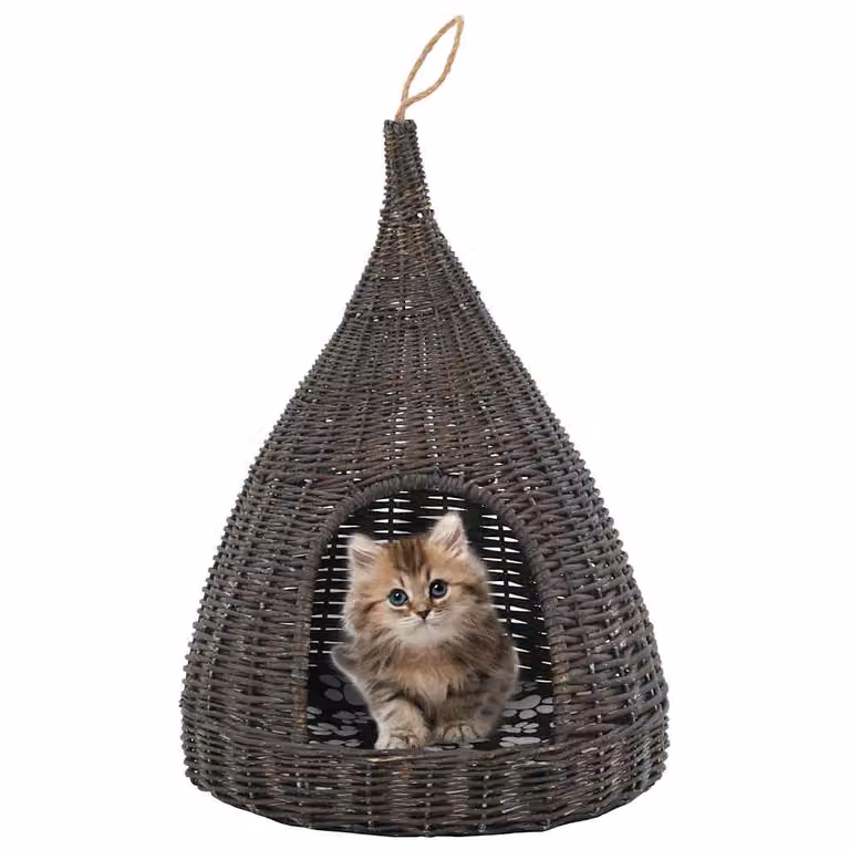 vidaXL Cesta per Gatti Teepee in Salice Naturale con Cuscino Grigio L: 60 cm, P: 40 cm