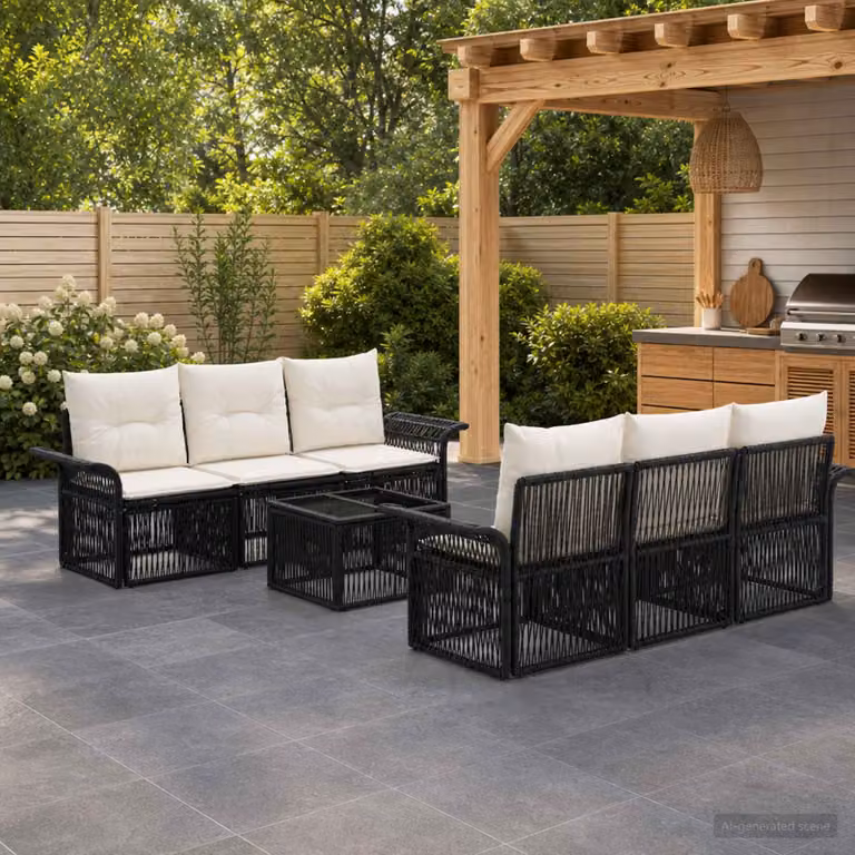 Set Divano da Giardino vidaXL 7 Pezzi a Forma di U in Polyrattan Nero con Tavolino e Cuscini Imbottiti