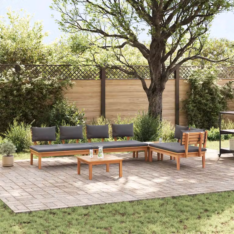 Set Divano da Giardino a L vidaXL in Legno di Teak con Tavolino e Cuscini, Marrone e Grigio