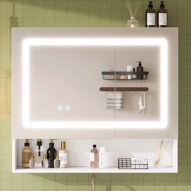 Armadietto a specchio da bagno OKWISH bianco con 2 ante, illuminazione LED integrata, funzione antiappannamento e ripiani interni, L: 80 cm, P: 17 cm, H: 70 cm