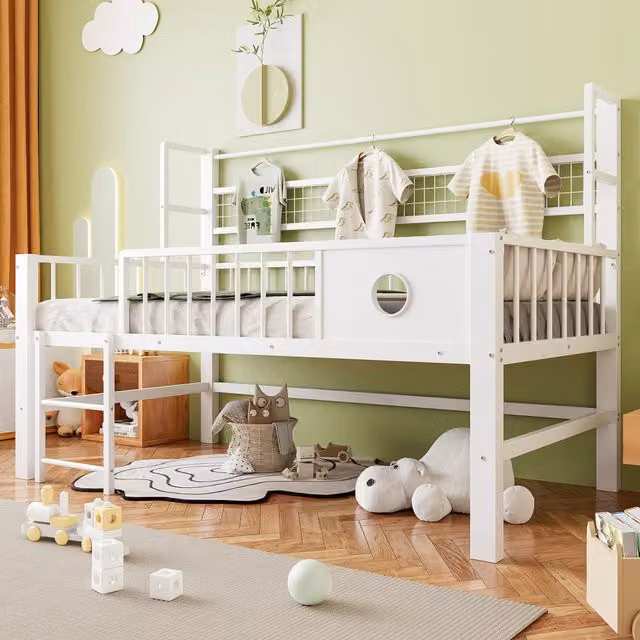 Letto a soppalco basso per bambini 90x200 cm in metallo bianco con ripiani e appendiabiti HAVRYA