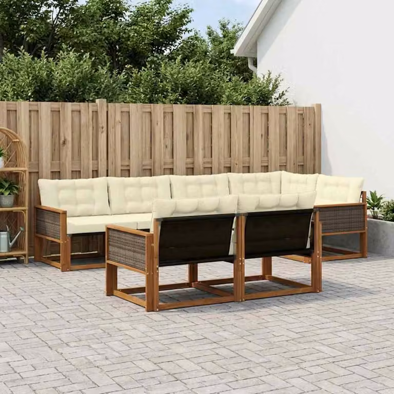 Set di divani da esterno vidaXL 7 pz in legno di acacia con cuscini beige e bianco per giardino e terrazza