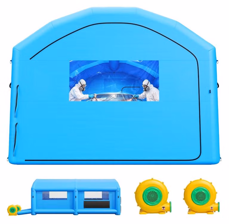 Cabina di verniciatura gonfiabile, dimensioni 7x4x2,75 metri, con ventole da 550W e 750W, realizzata in tessuto Oxford blu