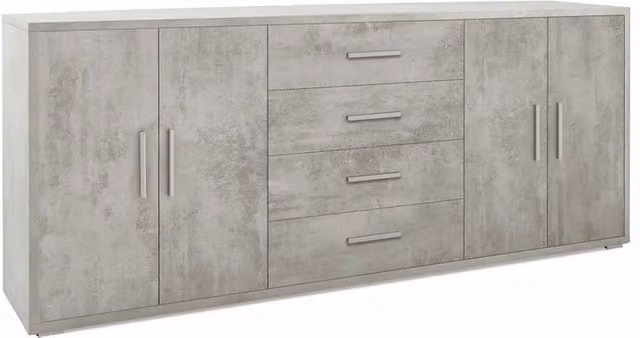 Madia credenza mobile con 4 ante e 4 cassetti 203x41x84H cm in kit di montaggio colore Cemento