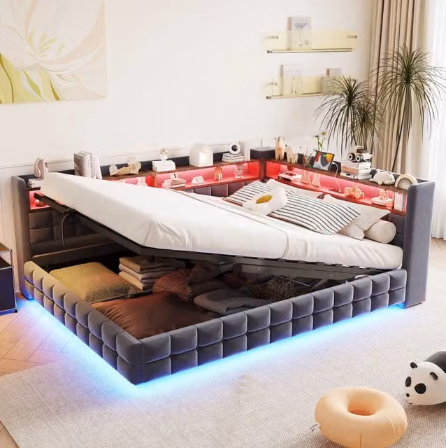 Divano letto imbottito con contenitore; LED; prese USB e Type-C; 140x200 cm; grigio