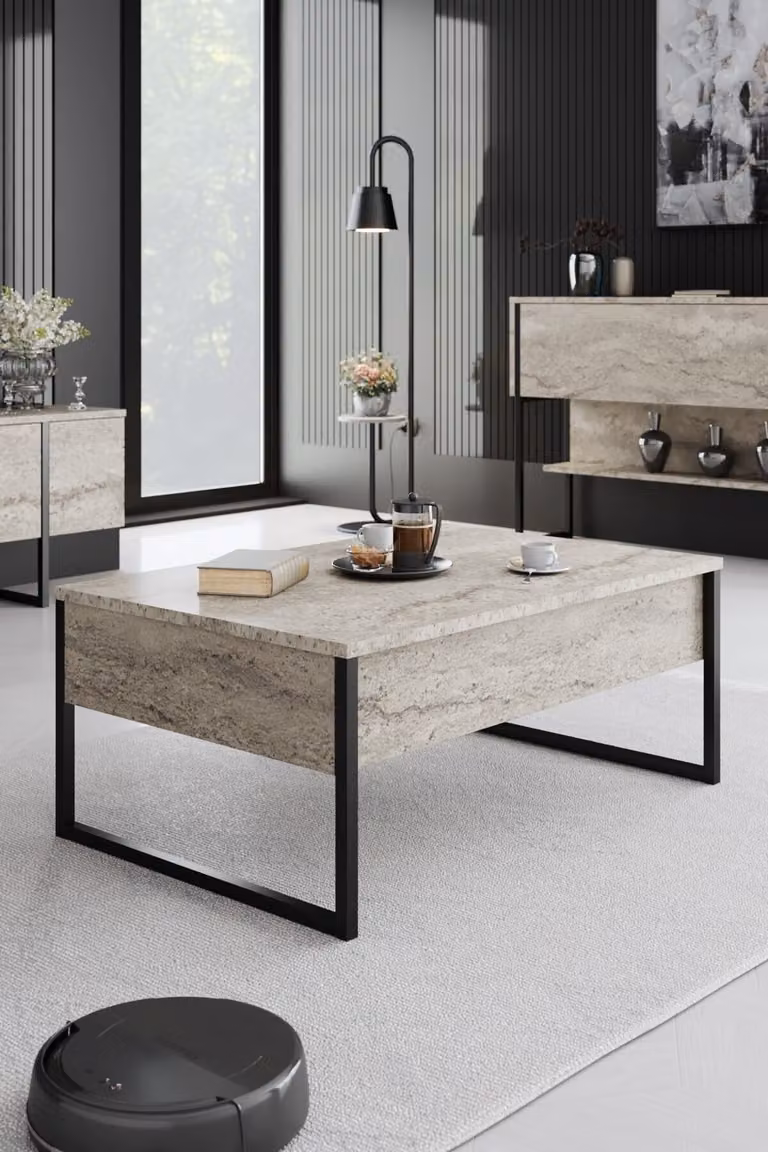 Skye Decor, Luxe - Travertino, Nero, Tavolino, Travertino, PANNELLI RIVESTITI AL 100 % DI MELAMINO, 90 x 60 x 40 cm