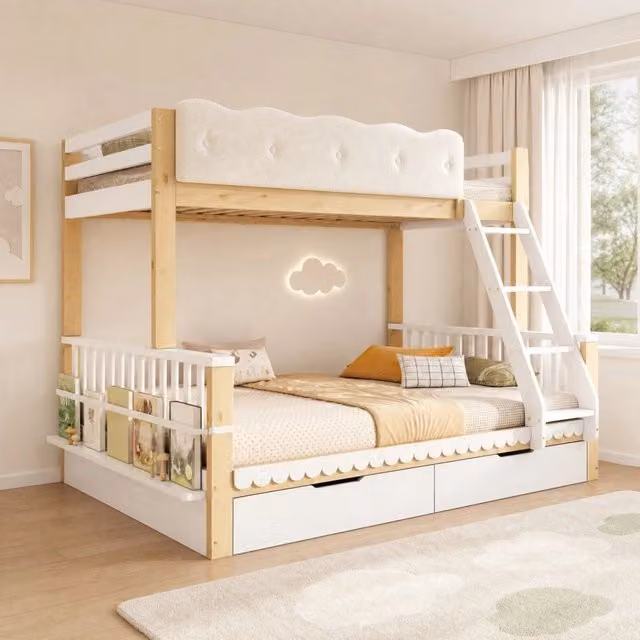 Letto a castello per bambini e adulti 90x200/140x200 cm in legno bianco e eiche con cassetti