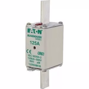 Inserto fusibile Eaton, bassa tensione, 125 A, CA 500 V, 120 kA, NH1, aM, IEC, doppio indicatore di stato, linguetta di azionamento sotto tensione 125NHM1B