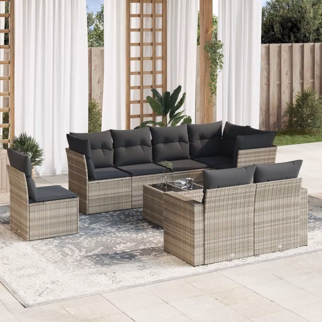 vidaXL Set Divano da Giardino a L con Tavolino e Ottoman, 9 Pezzi, Grigio – 1