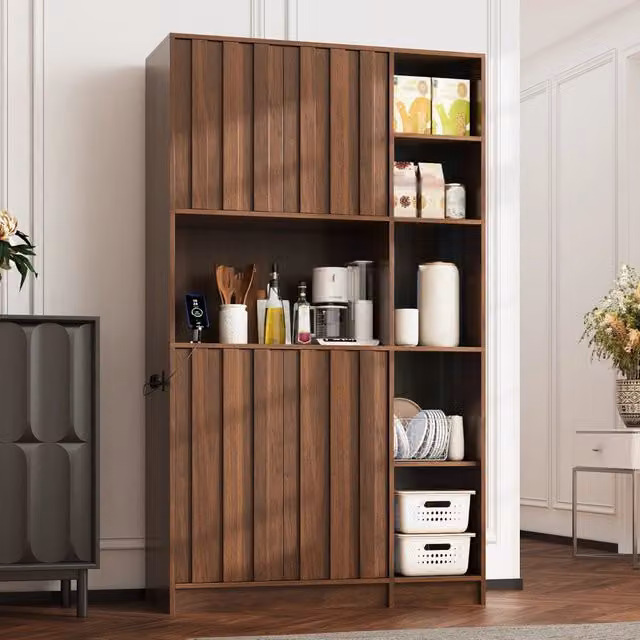 Mobile colonna da cucina con 2 ante vani aperti LED RGB e prese integrate in MDF noce 105 × 40 × 180 cm