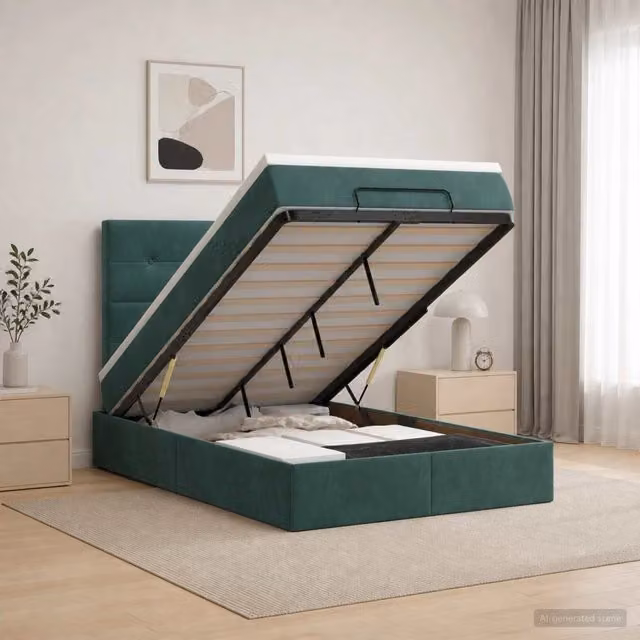 Letto Ottomano vidaXL con Materasso Ibrido e Illuminazione LED Sotto il Letto in Velluto Verde e Bianco L/P/H: 120 x 200 x 88 cm – 1