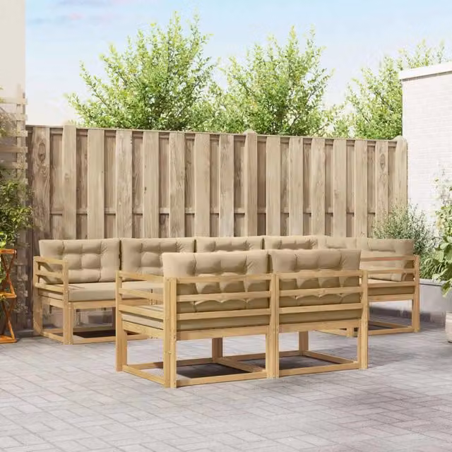 Set di divani da esterno a L vidaXL in legno di acacia con cuscini, Bianco, Beige e Marrone