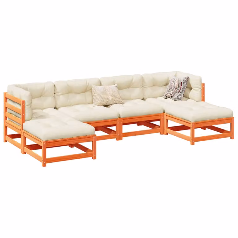 Set di Divani da Giardino vidaXL 6 Pezzi in Legno di Pino Massello Marrone con Cuscini Beige a Forma di L