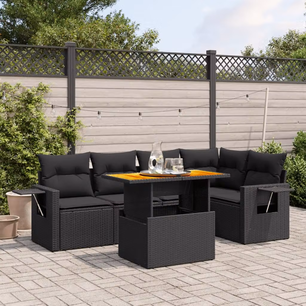 vidaXL Set Divano da Giardino a L 6 pz in Polyrattan Nero con Cuscini e Tavolino da Esterno – 1