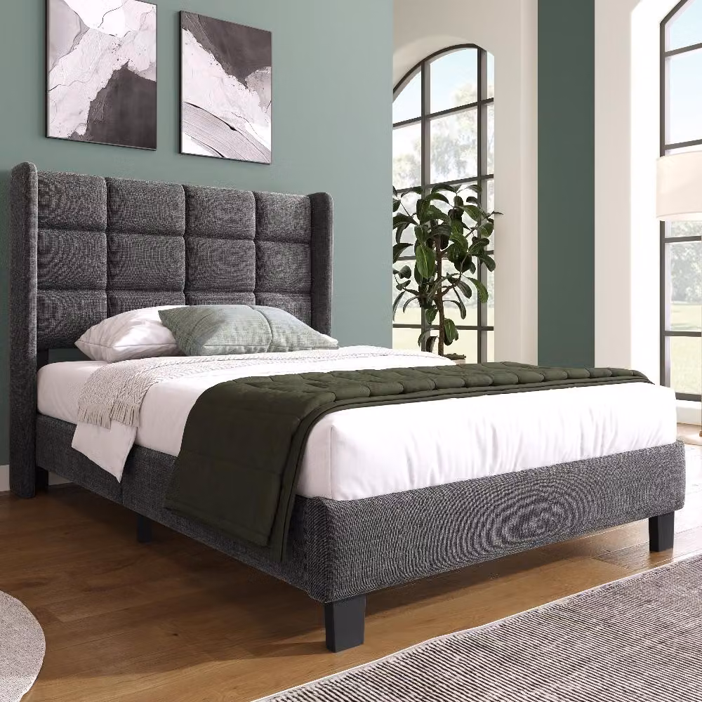 Letto imbottito 90x200 cm, singolo, con testiera imbottita e rete a listelli. Letto rivestito in tessuto grigio effetto lino, struttura moderna per la camera da letto, senza materasso