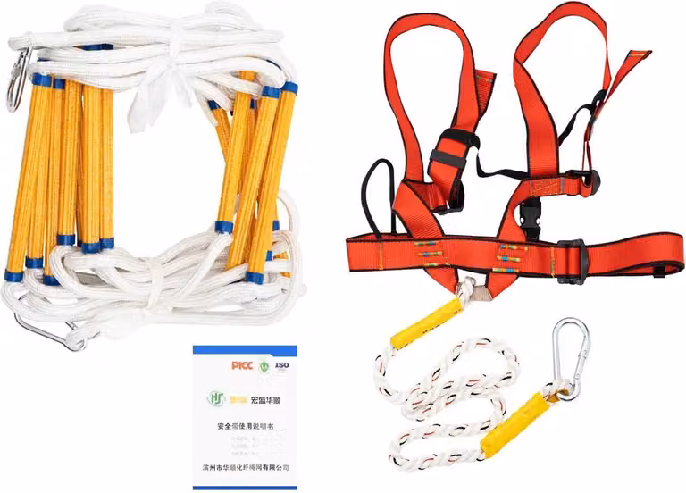 Scala di emergenza per balconi/finestre - 10 metri, con 3 ganci e moschettoni - Gradini da 28,4 cm - Materiali: polipropilene, resina, acciaio - Colori: bianco, giallo, blu